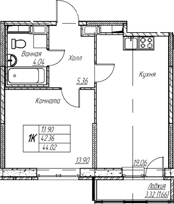 1-комнатная квартира 44.02 м², 7/22 эт., ЖК «Парк-квартал Юнтолово»
